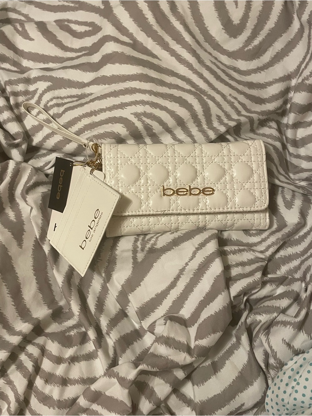 Bebe White Quilted Leather Wristlet Wallet with Gold Hardware